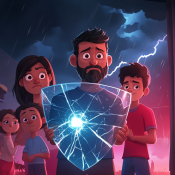 A distraught man with a beard holds a cracked, glowing blue shield while a worried family stands behind him under a stormy, lightning-filled sky.